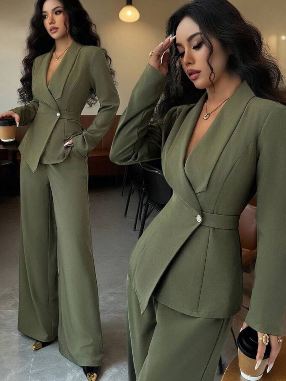 Elenzga Women's Elegant Olive Green Autumn Dining Two Pieces Suit,Lapel V-Neck